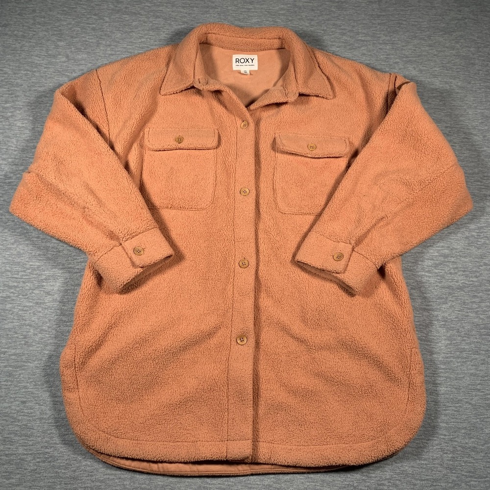 Roxy Jacket Womens Large Rust Sherpa‎ Fleece Button Front Shacket Cozy Pockets
